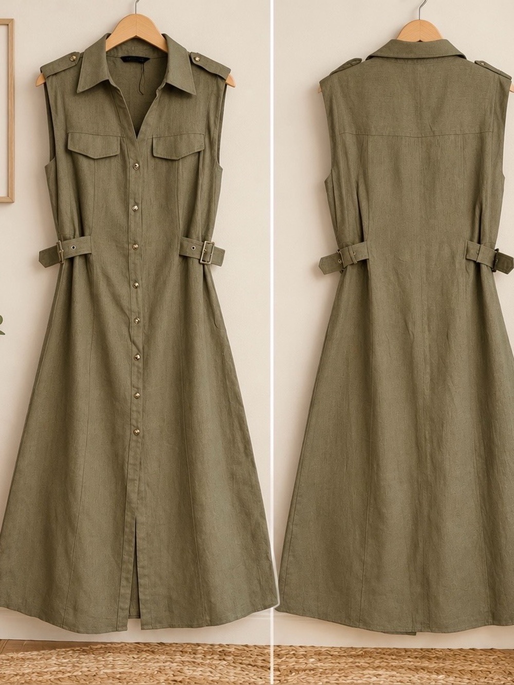 Olive Sleeveless Maxi Shirt Dress with Belted Sides